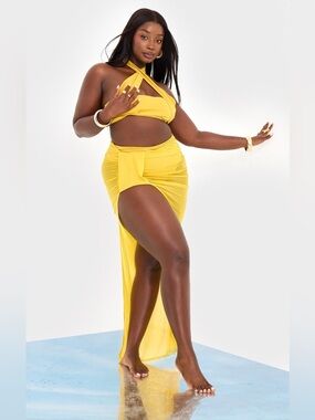PrettyLittleThing Yellow Sheer Mesh Ruched High Slit Maxi Skirt Sarong Sz 16